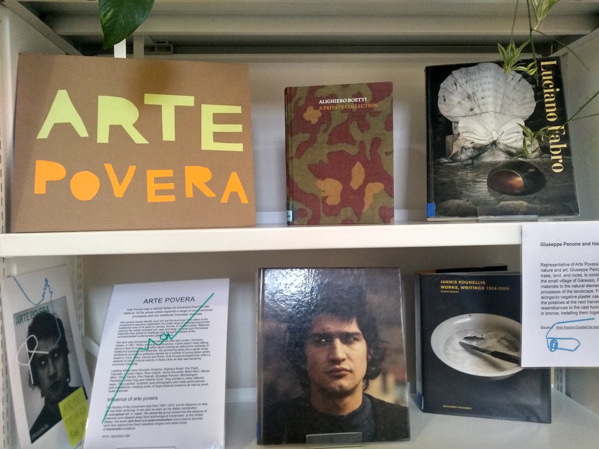 NUALibrary's tweet photo. Take a look at our new library display featuring the Italian artists of the radical Arte Povera group #ArtePovera #ItalianArt 
#wearenua #norwichuniarts https://t.co/QFsr7ubI8b