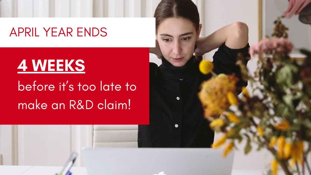 Have a client with an APRIL Year End?

They have JUST 4 WEEKS to make an R&amp;D claim.

Miss it, and they’ll lose their claim.

Don’t wait, act now.

#accountingandaccountants #uksmallbusiness #uktax