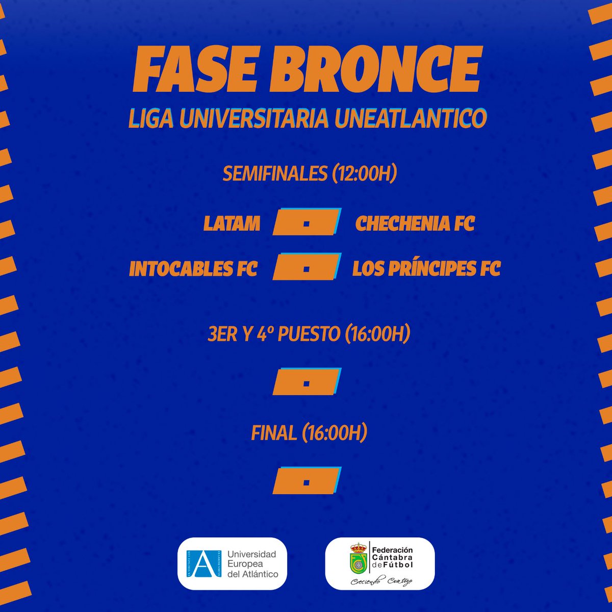 🔥 Todo listo para vibrar con las finales de la Liga Universitaria de #Futsal @uneatlantico - @fcf_es.
👏 Los cuatro mejores equipos se disputan el título en la #FaseOro 🥇. En juego también los trofeos de la #FasePlata 🥈 y #FaseBronce🥉.
#LigaUniversitaria #FCF #UNEATLANTICO