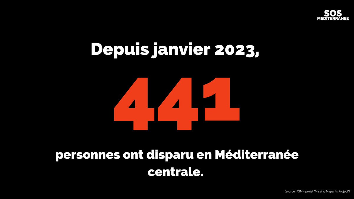 ⚫ #1DeathIsTooMany

Depuis janvier 2023, au moins 441 personnes ont disparu en #Méditerranée centrale.

441, et combien d'autres, disparues dans des naufrages sans témoins ?

441, c'est une personne, 441 fois. Et une, c'est déjà trop.