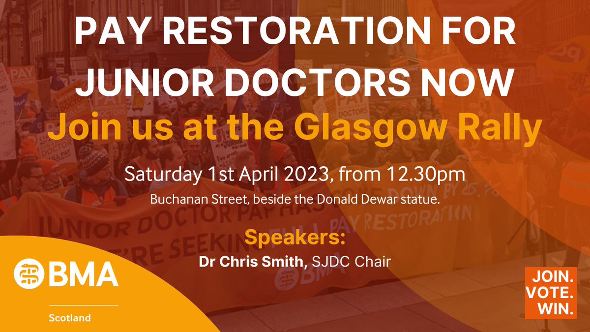 🏴󠁧󠁢󠁳󠁣󠁴󠁿 SCOTTISH JUNIOR DOCTORS 🏴󠁧󠁢󠁳󠁣󠁴󠁿

TOMORROW join us in Glasgow for a PAY RESTORATION FOR JUNIOR DOCTORS NOW rally

Now our ballot is OPEN, come along & show the Scottish Government that our demands for pay restoration cant be ignored

#BMADoctorsVoteYes #BMABallotReady #GetTheVoteOut