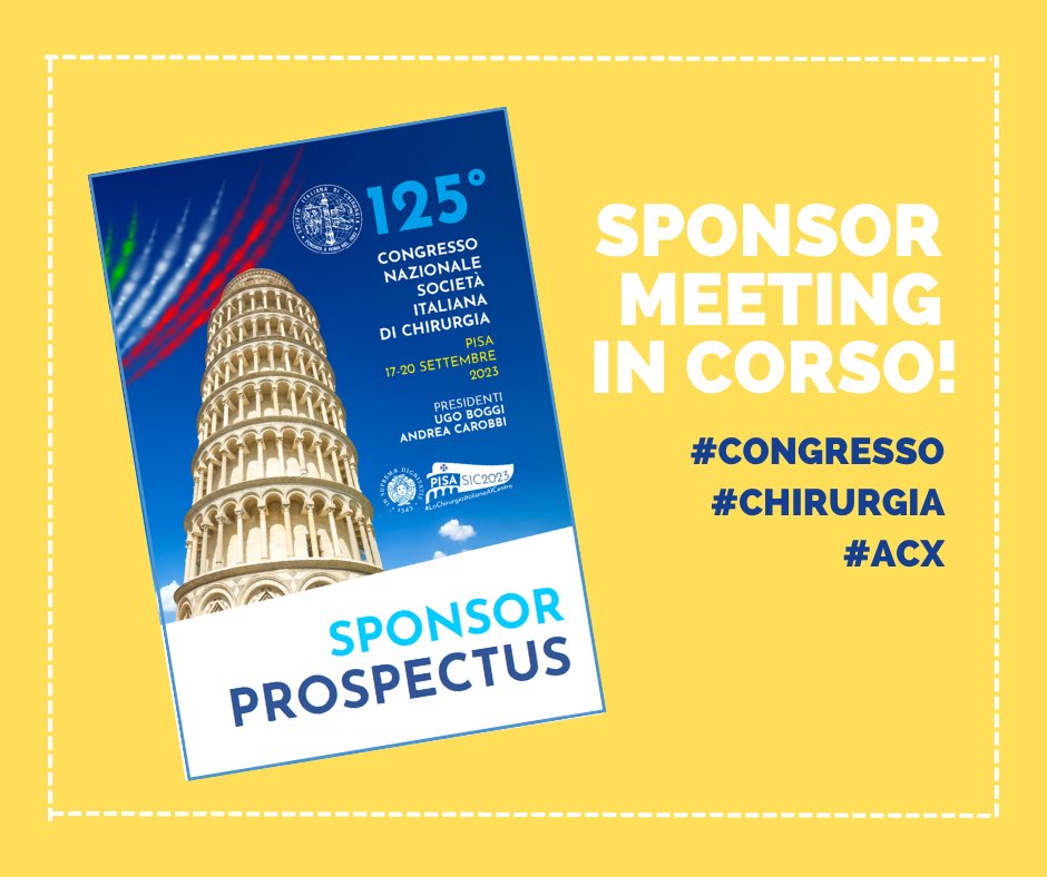 E’ in corso oggi a Pisa lo #sponsor meeting per il prossimo 𝟏𝟐𝟓° 𝐂𝐨𝐧𝐠𝐫𝐞𝐬𝐬𝐨 𝐍𝐚𝐳𝐢𝐨𝐧𝐚𝐥𝐞 di SIC che si svolgerà al Polo Didattico Le Piagge dell’Università degli Studi di 𝐏𝐢𝐬𝐚 𝐝𝐚𝐥 𝟏𝟕 𝐚𝐥 𝟐𝟎 𝐬𝐞𝐭𝐭𝐞𝐦𝐛𝐫𝐞 𝟐𝟎𝟐𝟑.
#congressi #chirurgia #acx