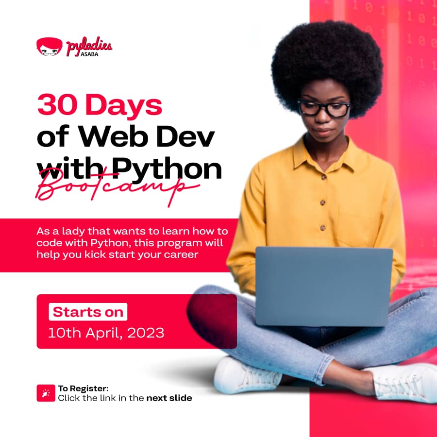 Attention ladies!!! 📢📢📢

We have exciting news for you. Get ready to kick start your Python skills with our 30 day of web development course. 

Register now at the following link: forms.gle/6iTeFwcPGQBuKb… 

#Python 
#WebDevelopment 
#WomenInTech