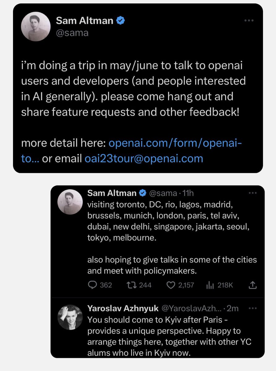 OpenAI CEO Sam Altman plans a world tour. I think he should come to Ukraine, to get a unique perspective on how engineers think about the capabilities of AI while fighting for their lives. 

Please, join me at inviting <a href="/sama/">Sam Altman</a> to come visit - via twitter and email.