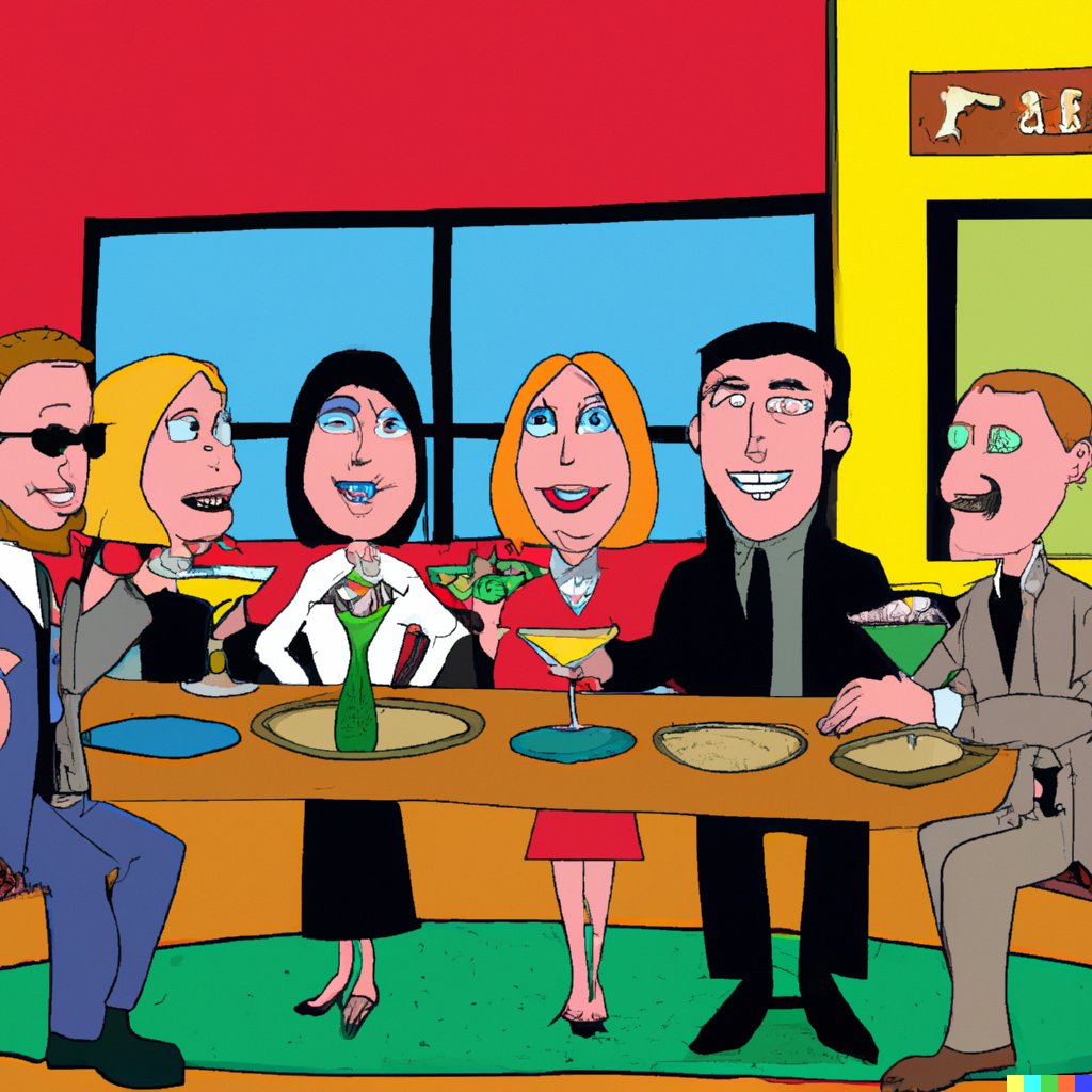 ericbramlett's tweet photo. Not sure how I'm this late to the game with regard to OpenAI's image tool. I present to you: "a group of hip real estate agents having beers, margaritas and appetizers at chilis" in the style of South Park, Family Guy, a realistic photo, and Van Gogh https://t.co/VLMNv3HfbC