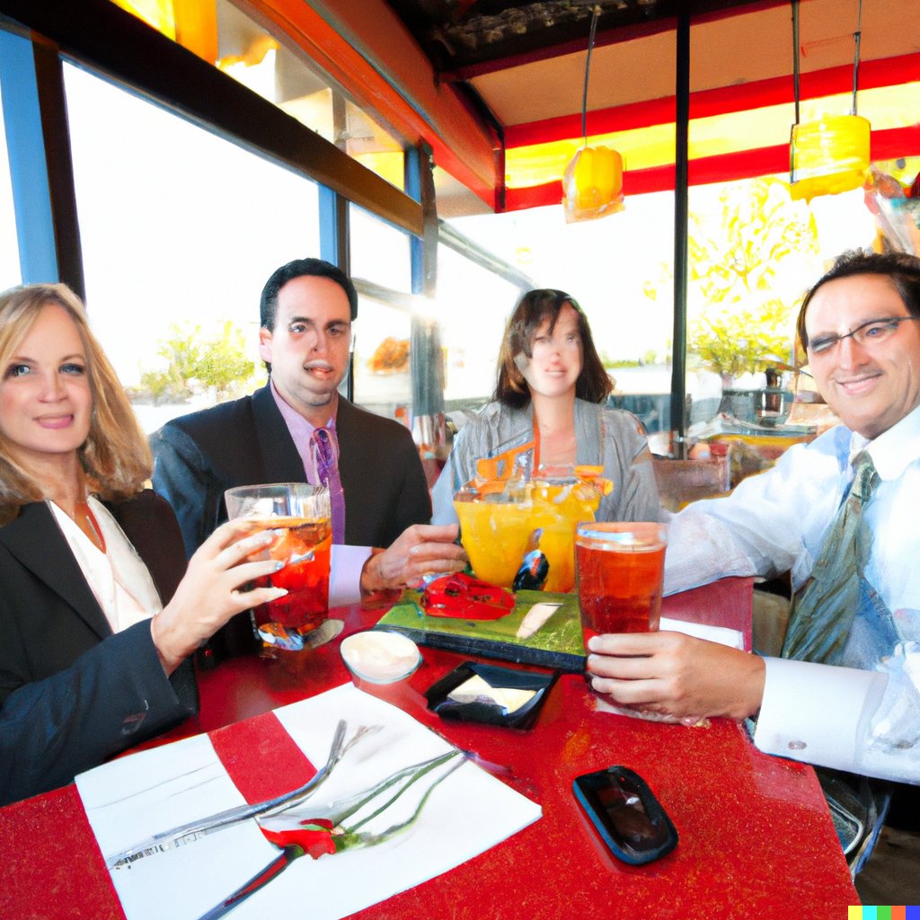 ericbramlett's tweet photo. Not sure how I'm this late to the game with regard to OpenAI's image tool. I present to you: "a group of hip real estate agents having beers, margaritas and appetizers at chilis" in the style of South Park, Family Guy, a realistic photo, and Van Gogh https://t.co/VLMNv3HfbC