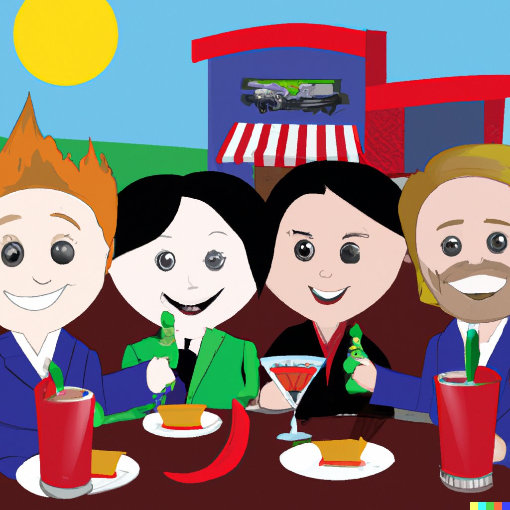 ericbramlett's tweet photo. Not sure how I'm this late to the game with regard to OpenAI's image tool. I present to you: "a group of hip real estate agents having beers, margaritas and appetizers at chilis" in the style of South Park, Family Guy, a realistic photo, and Van Gogh https://t.co/VLMNv3HfbC