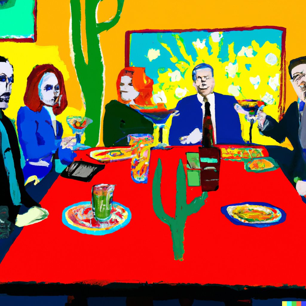 ericbramlett's tweet photo. Not sure how I'm this late to the game with regard to OpenAI's image tool. I present to you: "a group of hip real estate agents having beers, margaritas and appetizers at chilis" in the style of South Park, Family Guy, a realistic photo, and Van Gogh https://t.co/VLMNv3HfbC