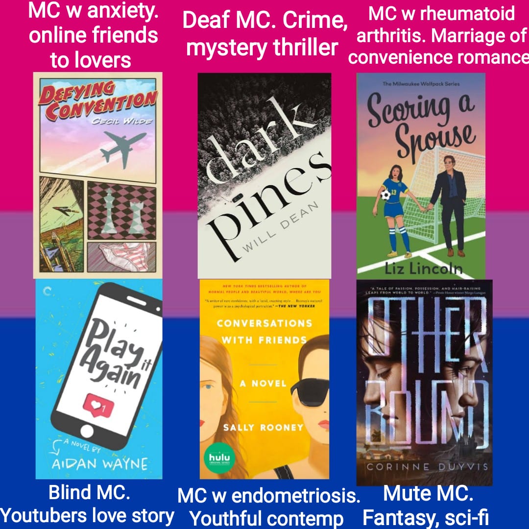 For #BiHealthMonth here are some books with bi disabled MCs, bi neurodivergent MCs and bi MCs that have anxiety, depression, endometriosis, OCD, PTSD etc.