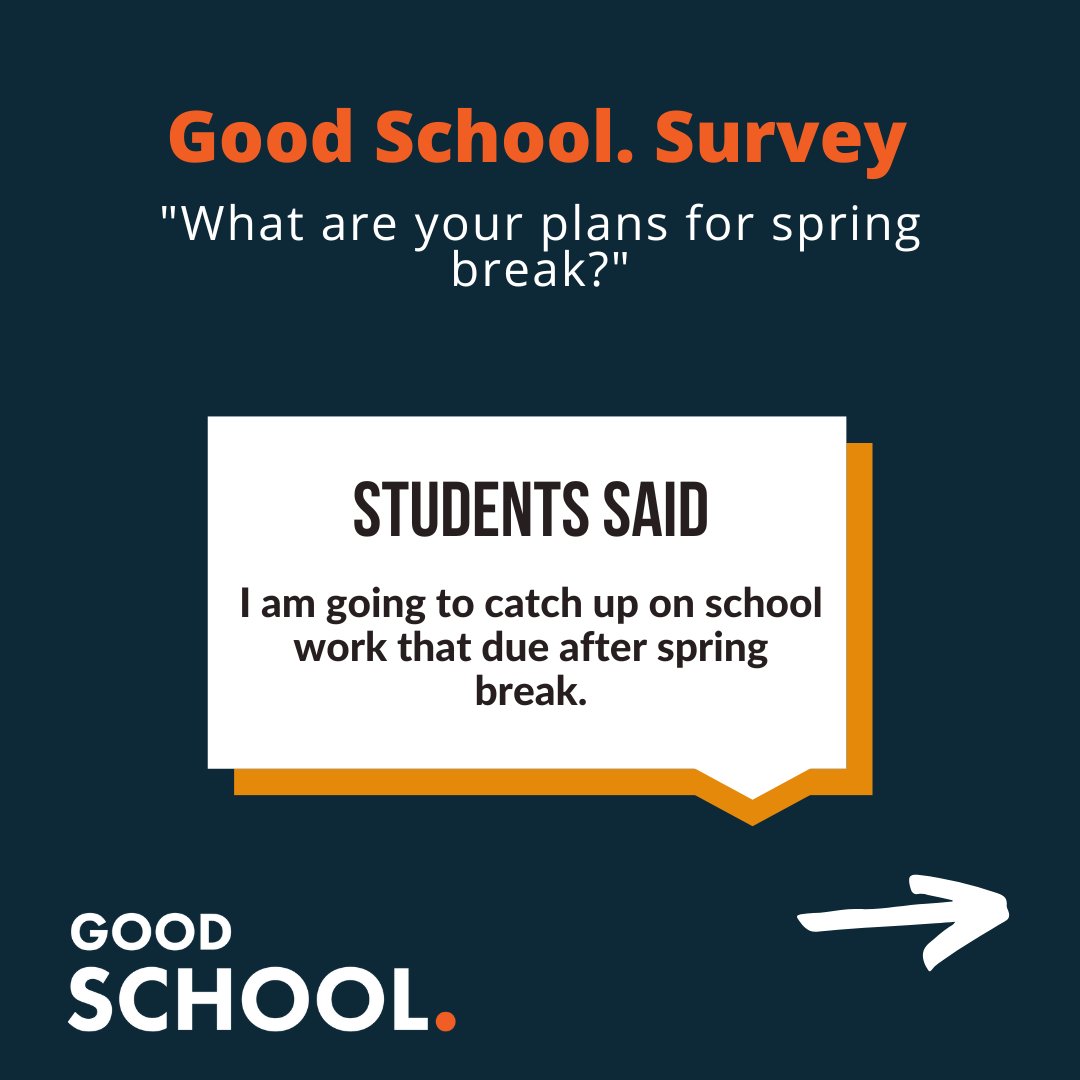 goodschoolpod's tweet photo. We asked students what were their plans for spring break.

These were their answers.

What did you do for your spring break?

Let us know in the comments below.

#goodschool #goodschoolpod https://t.co/mZO8N6kRYK