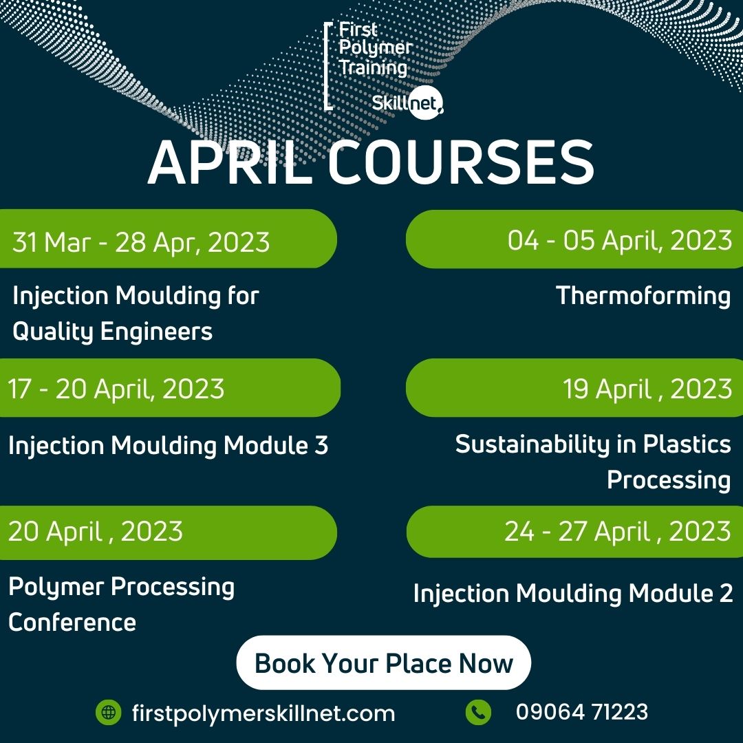 April is a busy month for training and events at #FirstPolymerTraining with courses in:

👉 Injection Moulding
👉 Thermoforming
👉 Sustainability &amp; Green Practices

Get in touch to book your place! 

ℹ firstpolymerskillnet.com/training-calen…

#upskilling2023