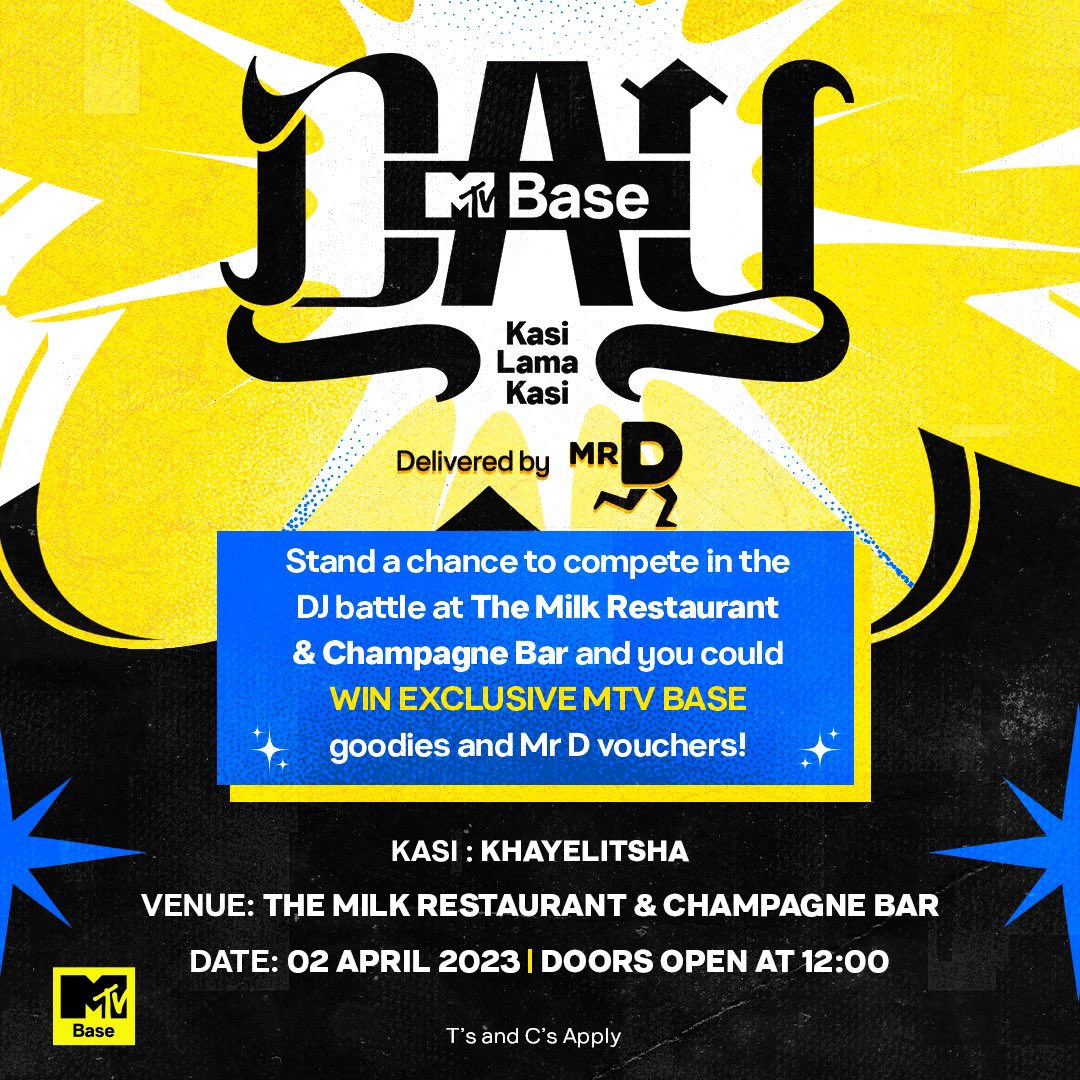 MTVBaseSouth's tweet photo. Calling out DJs in Khayelitsha to @eatatthemilk. The original iNkwari starters!💥 Drop a hot video of you playing a set, tag us & hashtag #MTVBaseDay to enter the competition. You stand a chance to win MTV Base and Mr D goodies on the day.✨
#KasiLamaKasi delivered by @mrdfood https://t.co/kUQJBg0jXj