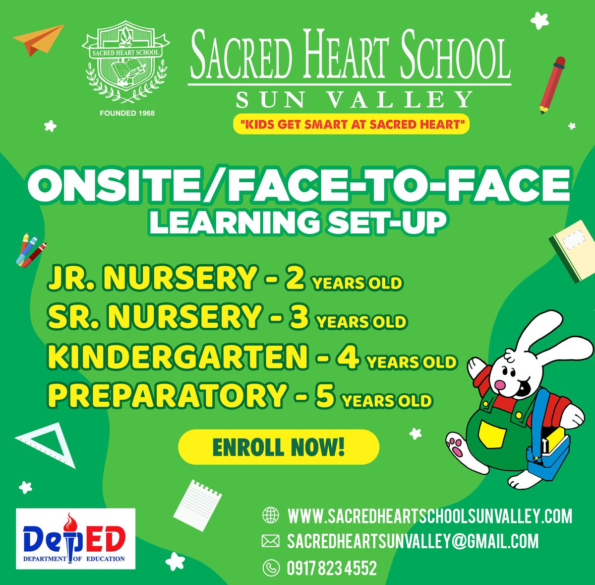 shssunvalley's tweet image. 🎒 Back to School! 🎒

We are offering on-site face-to-face learning for our Jr Nursery (2yo), Sr Nursery (3yo), Kindergarten (4yo), and Preparatory (5yo) students this SY 2023-2024! 

Enroll your child now and let them experience quality education with us

#onsitelearning