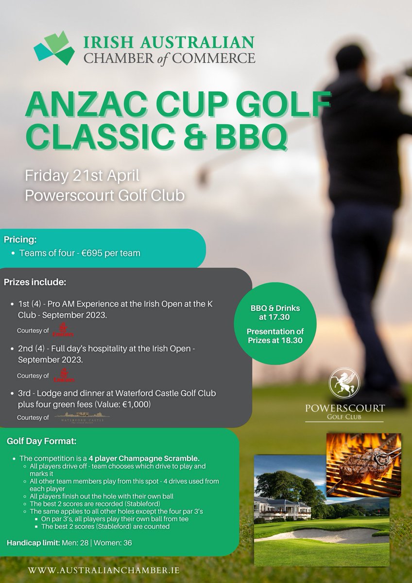 Last Day for our Corporate Members to register their team for the Chamber ANZAC Cup Classic which will take place in Powerscourt Golf Club on 21st April before we open this event to the public. To book your teams place in this special event email membership@australianchamber.ie