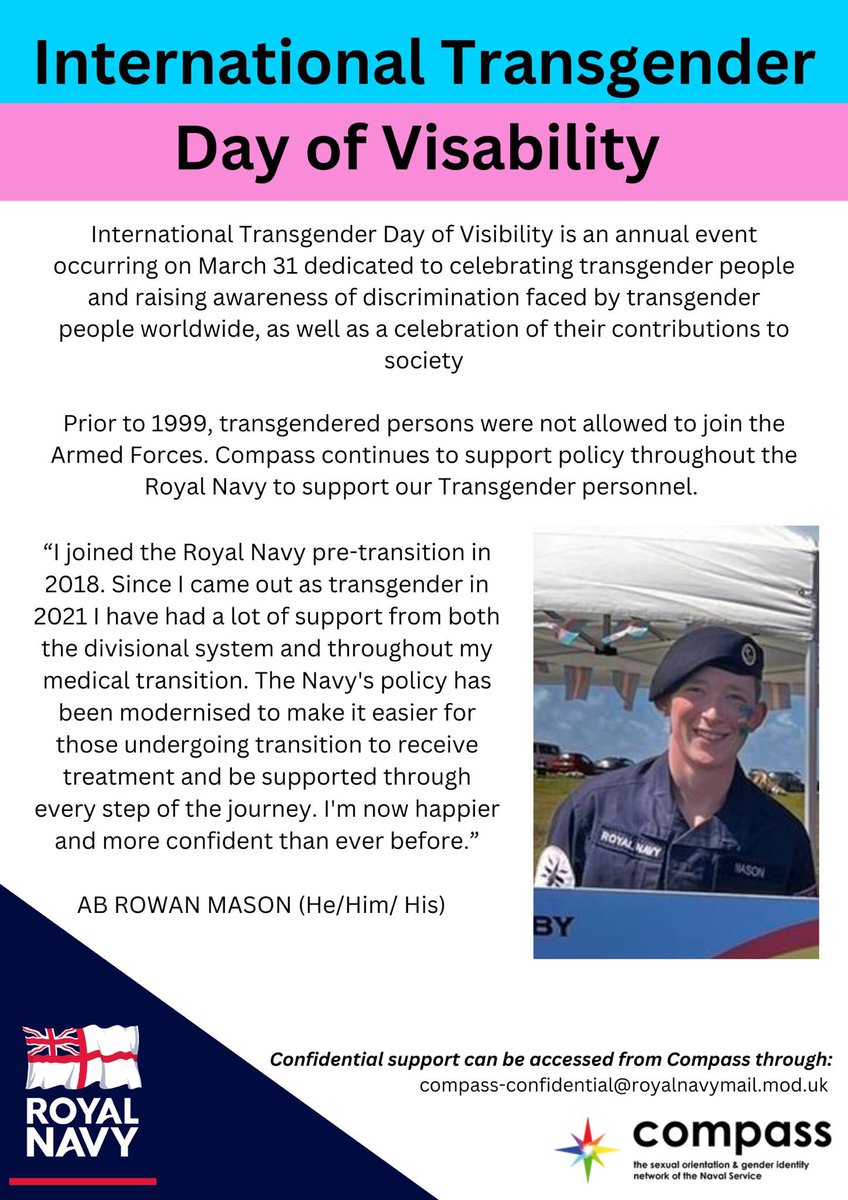 It is International Transgender Day of Visibility. We value all our sailors and fully support them to live as their true authentic selves #servingwithpride #royalnavypride #TransDayOfVisibility