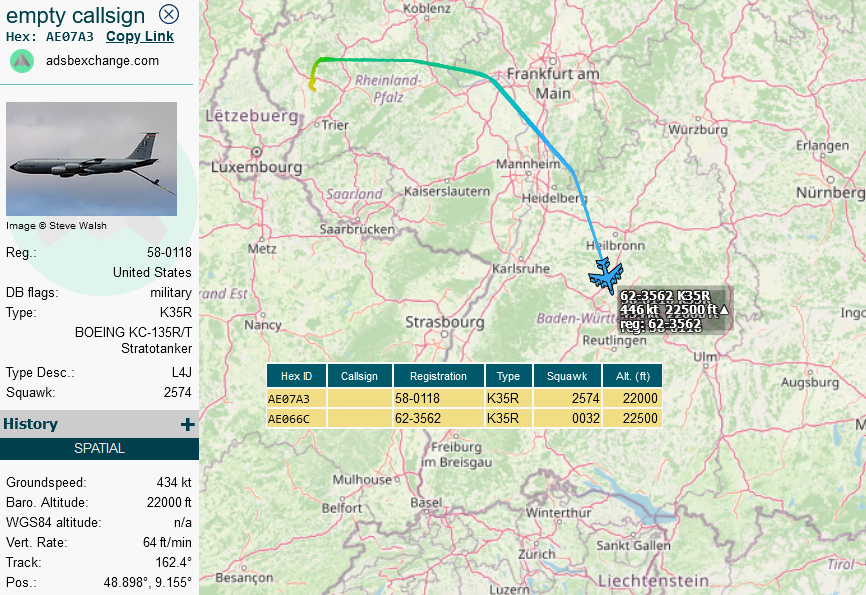 SirListenalot's tweet photo. #KC135's #AE07A3 #AE066C as #COUNT93-94 on a round trip out of Spangdahlem. https://t.co/DaT8902WaN