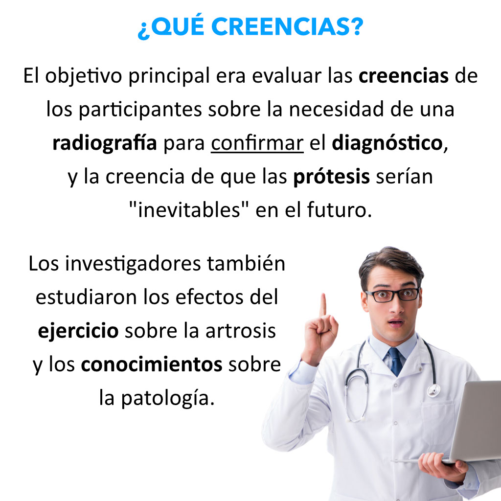 Existen muchas creencias en torno a la artrosis 👀.
Cuando el diagnóstico lo hace clínicamente el médico, los pacientes pueden tener creencias de que las radiografías son imprescindibles para confirmar el diagnóstico, o que las prótesis son inevitables.🩻