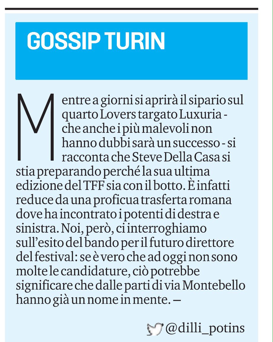 Mentre @LFFEST scalda i motori #stevedellacasa prepara un <a href="/torinofilmfest/">Torino Film Festival</a> col botto
.. e chi sarà il nuovo direttore?