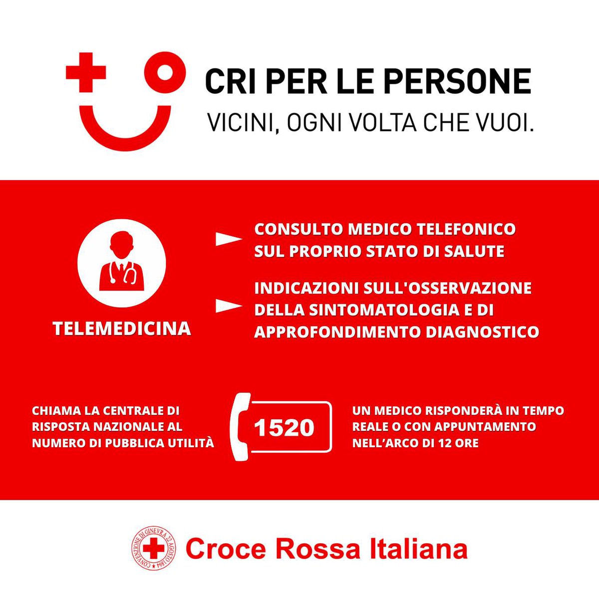 CRITizzano's tweet photo. Lo sapevi che chiamando il numero di pubblica utilità CRI è possibile parlare anche con un medico? Se hai bisogno di un consulto e non sai a chi rivolgerti, contatta la #CroceRossa al 1520
#UnItaliaCheAiuta https://t.co/9sto3hWeJQ
