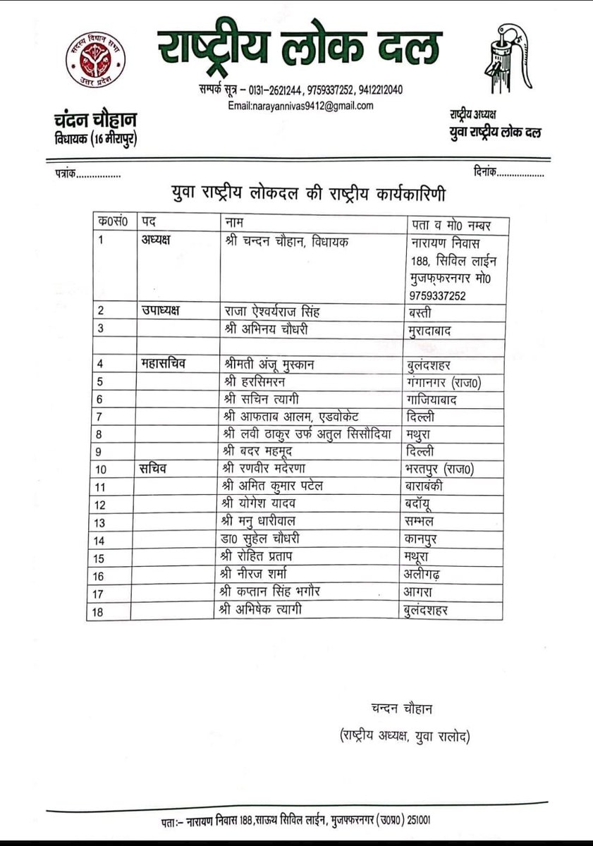 RaviRld's tweet photo. युवा राष्ट्रीय लोक दल की राष्ट्रीय कार्यकारिणी घोषित, सभी को हार्दिक बधाई व शुभकामनाएं!
#YuvaRLD
#YouthRLD 
#RLDparty 
@jayantrld @ChandanChauhanS https://t.co/OAUgI4IVqs