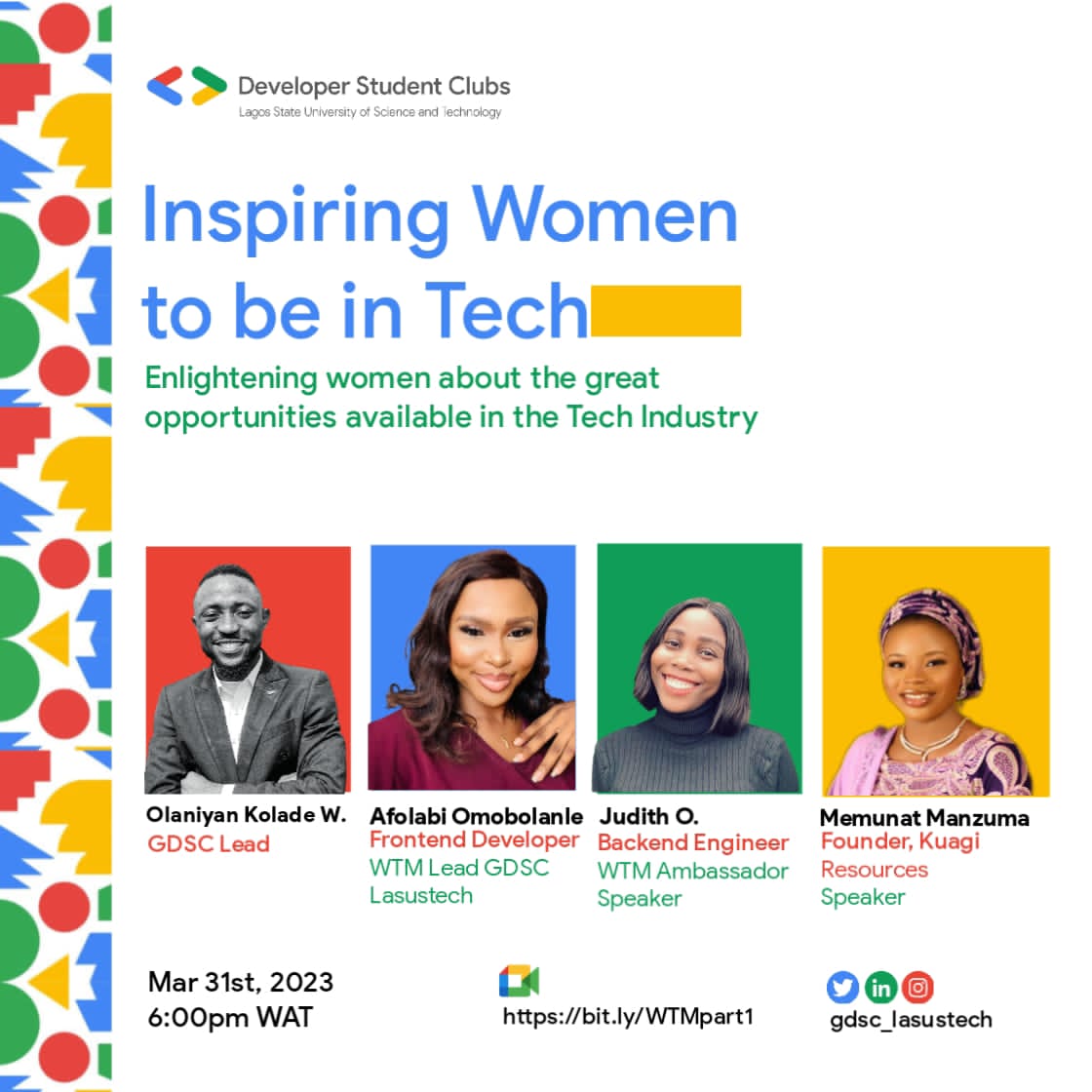 gdg_lasustech's tweet photo. Are you interested in pursuing a career in Tech? Then you won't want to miss the Inspiring Women to be in Tech virtual event hosted by Women Tech Makers in our Tech Community. 

Join us Today on Google Meet for insightful talks from women leaders in

(1/2) https://t.co/3L8w85q55U