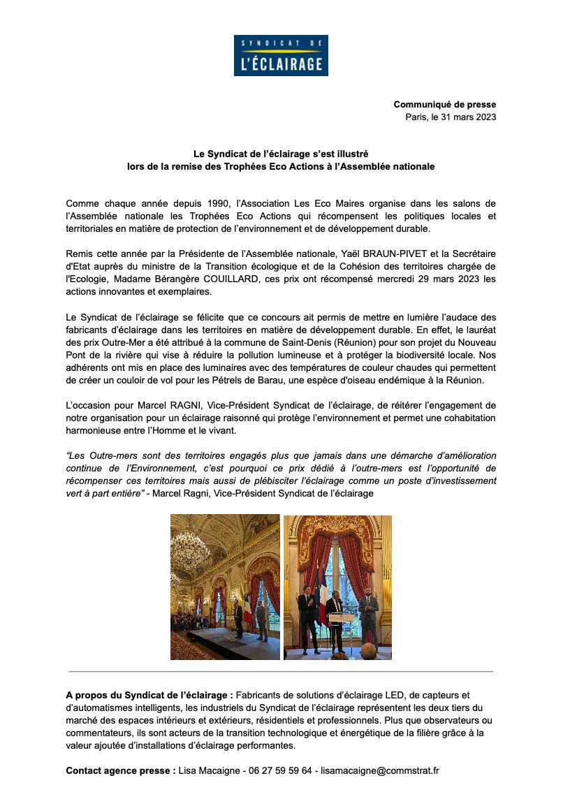 Le Syndicat de l'éclairage s'est illustré lors de la remise des Tropées Eco Actions des @ecomaires mercredi à l'@AssembleeNat 💡 L'occasion de mettre en lumière l’audace des fabricants d’éclairage en matière de #développementdurable @MarcelRAGNI @BCouillard33 @YaelBRAUNPIVET