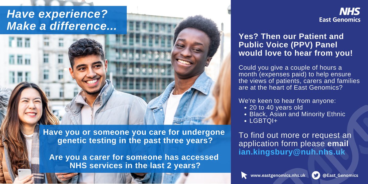 Have you, or someone you care for had genetic testing in the last 2 years?

Our Public &amp; Patient Voice Panel needs YOU!

We're keen to hear from anyone:
🧬20 - 40 years old
🧬Black, Asian &amp; Minority Ethnic
🧬LGBTQI+

Further info &amp; how to apply here: eastgenomics.nhs.uk/for-patients-a…