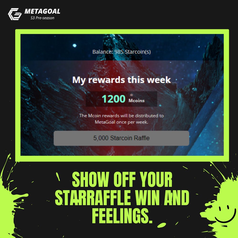 metagoal_game's tweet photo. StarRaffle has been live for some time now - have you had any luck yet?
Show off your StarRaffle reward and feelings!
5 random winners get 5k MCOIN!
RT + Likes
Tag 5 friends
Leave wallet address
48h⏰
#MetaGoal #Raffle https://t.co/8A9nZPFsyB