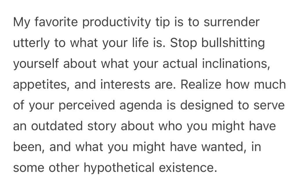 “Surrender involves a softness, where you turn inwards and see yourself in all of your perversity and peculiarity, and you say, okay, cool, what the fuck can I do with this mess.”

Today’s newsletter soul food, courtesy of <a href="/sashachapin/">Sasha Chapin</a> 

open.substack.com/pub/sashachapi…