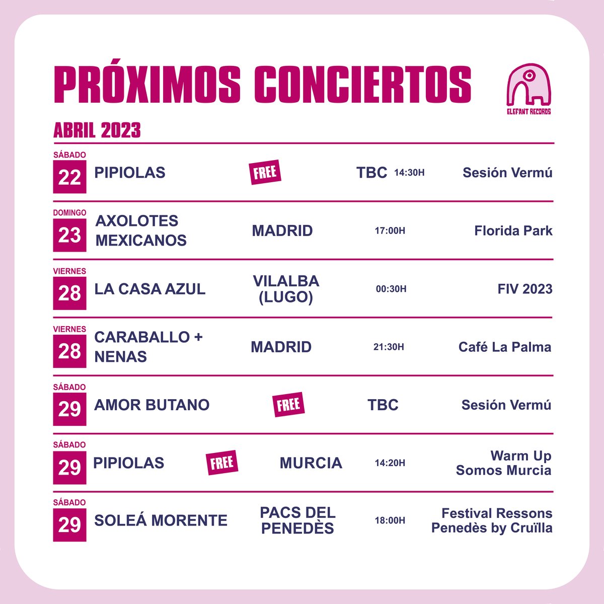 ¡CONCIERTOS que VIENEN! #ElefantRecords #Abril 2023 elefant.com/conciertos

<a href="/Lisasinsonm/">Lisasinson</a> <a href="/aikoelgrupo/">aikoelgrupo</a> <a href="/LaCasaAzulBCN/">La Casa Azul</a> <a href="/MariaRodes/">Maria Rodés</a> <a href="/marinitaprecari/">marinitaprecaria</a> <a href="/Pipiolasclub/">Pipiolas</a> <a href="/caraballo_yo/">CARABALLO</a> <a href="/nenasmood/">Nenas</a> <a href="/AmorButano/">Amor Butano</a> <a href="/soleamorente/">solea morente</a> <a href="/axolotesbanda/">Axolotes Mexicanos</a>