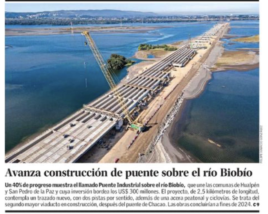 hdesolminihac's tweet photo. Puente Industrial sobre el río BioBio, 2,5 km, tiene un avance del 40%, y unirá Hualpen y San Pedro de la Paz. Incluye dos pistas por sentido, ciclovía y vereda peatonal. Vía @ElMercurio_cl Cc @mop_chile @COPSACHILE @CChC_Chile Info: https://t.co/AmFUYw6NLy https://t.co/E7dMHZyql8