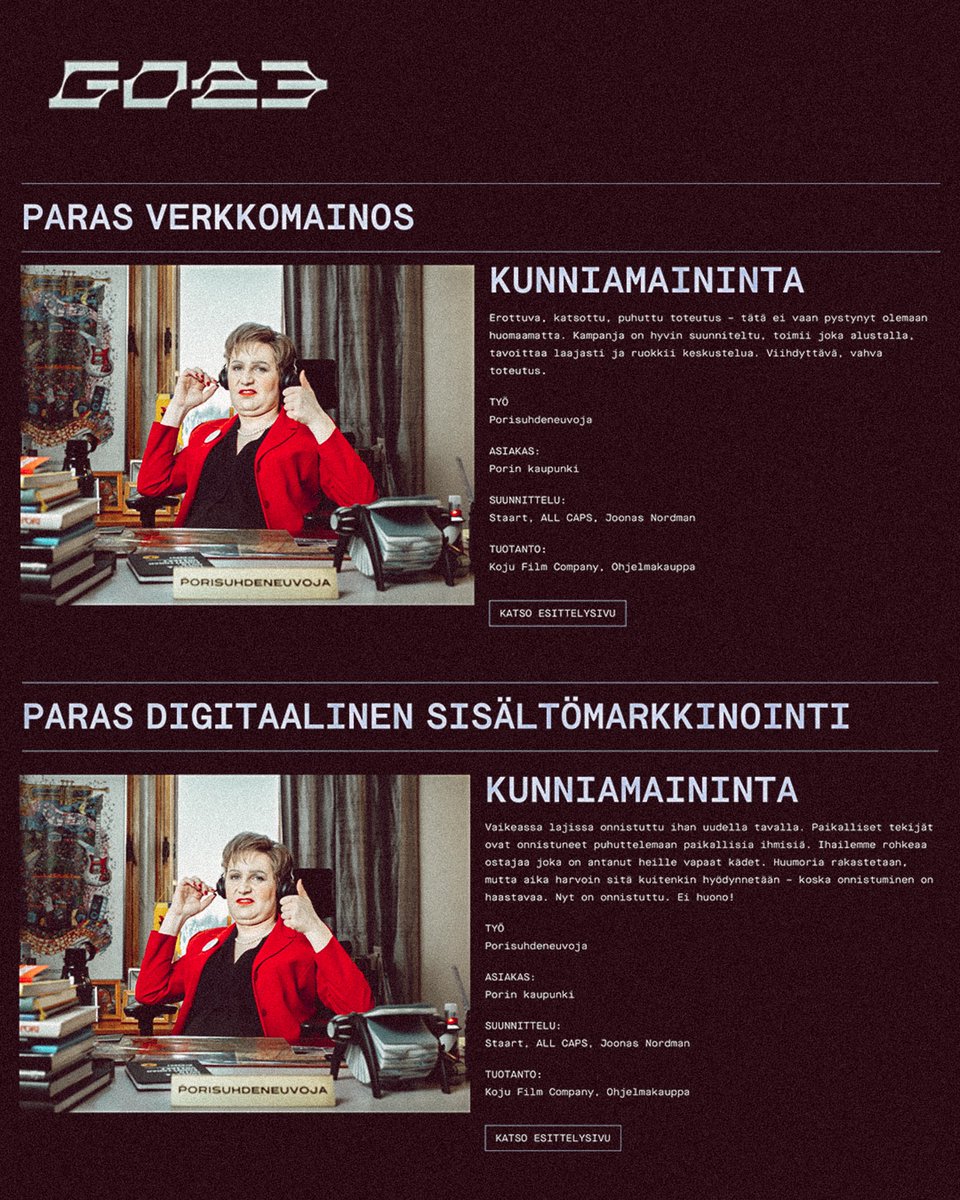 Porisuhdeneuvojalle Suomen suurimman digitaalisen median kilpailusta <a href="/grandonefinland/">Grand One</a>:sta  kuusi palkintoa! 🤩

🏆 Grand prix 
🏆 Paras kampanja
🏆 Tuloksellisin kampanja
🏆 KOLME kunniamainintaa: paras somekampanja, paras digitaalinen sisältömarkkinointi &amp; paras verkkomainos!