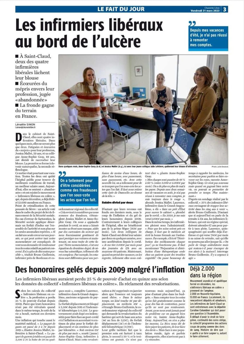 Idelencolere's tweet photo. Article sur la  @charentelibre sur lequel est évoqué le collectif des #infirmiersliberauxencolere @EmmanuelMacron @Elisabeth_Borne @FrcsBraun @TPMP @Qofficiel https://t.co/Ov9PZ6OPQ4
