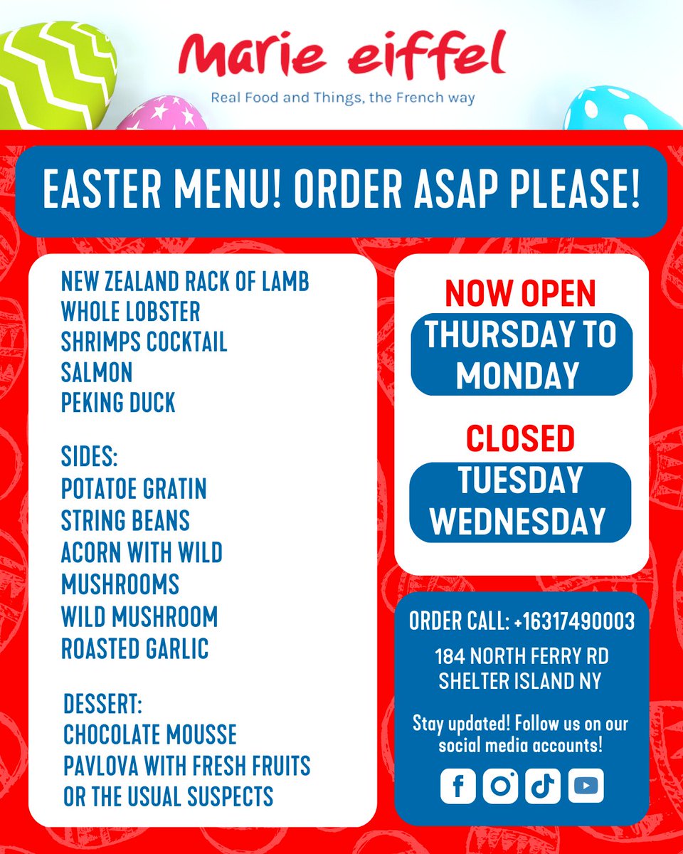 marieeiffel's tweet image. Celebrate Easter in style with our mouth-watering menu! 🎉  ORDER ASAP PLEASE: +163117490003
#easterfeast #eastermenu #bestfoodforeaster #family #familygathering #catering #orders #deliciouseastertreats #deliciousfood #lamb #lobster #salmon #eastereggs #marieeiffel #shleterisland