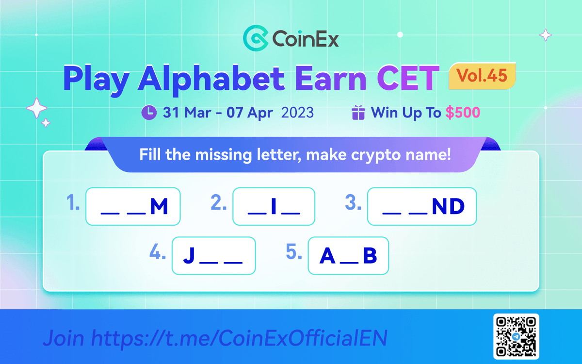 coinexcom's tweet photo. 🕹️ Play Alphabet Earn $CET Vol.45

Comment the coin/token name on the Twitter or Telegram to join the competition and win prizes! 🤩

⏰ 31st - 7th Apr
🎁 Win up to $500 in $CET

Join here 👉 https://t.co/zM38lHQY7o

#CoinEx #CET #Giveaway https://t.co/Ic1j2ISPlf