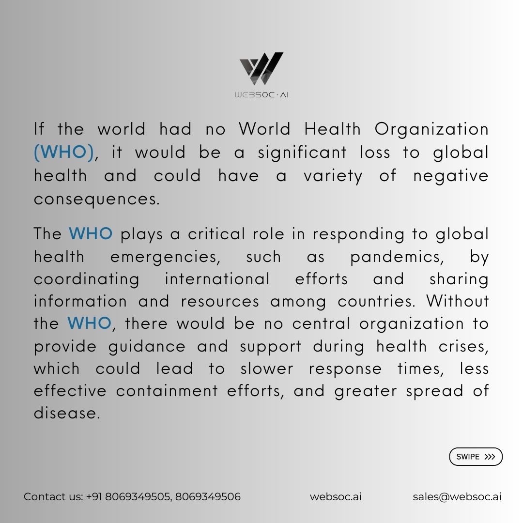 Websoc_AI's tweet photo. What if the world had no WHO?
If the world had no World Health Organization (WHO), it would be a significant loss to global health and could have a variety of negative consequences.
๐๐ข๐ฌ๐ข๐ญ ๐ฎ๐ฌ ๐๐ญ: https://t.co/BeuTR96Q63
#websocย #whatifย #worldย #health #organization https://t.co/J0vfAq1QdM