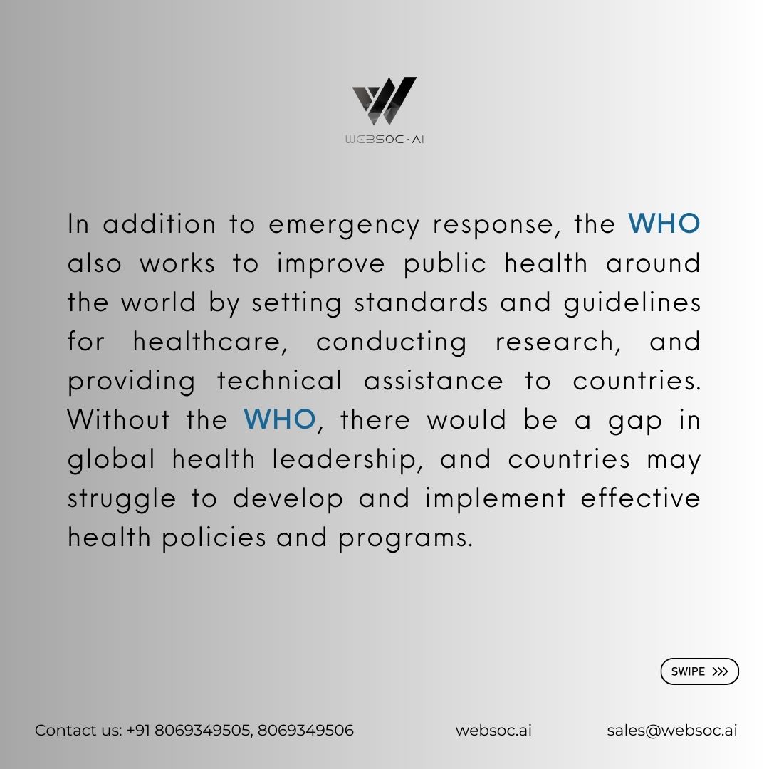 Websoc_AI's tweet photo. What if the world had no WHO?
If the world had no World Health Organization (WHO), it would be a significant loss to global health and could have a variety of negative consequences.
๐๐ข๐ฌ๐ข๐ญ ๐ฎ๐ฌ ๐๐ญ: https://t.co/BeuTR96Q63
#websocย #whatifย #worldย #health #organization https://t.co/J0vfAq1QdM
