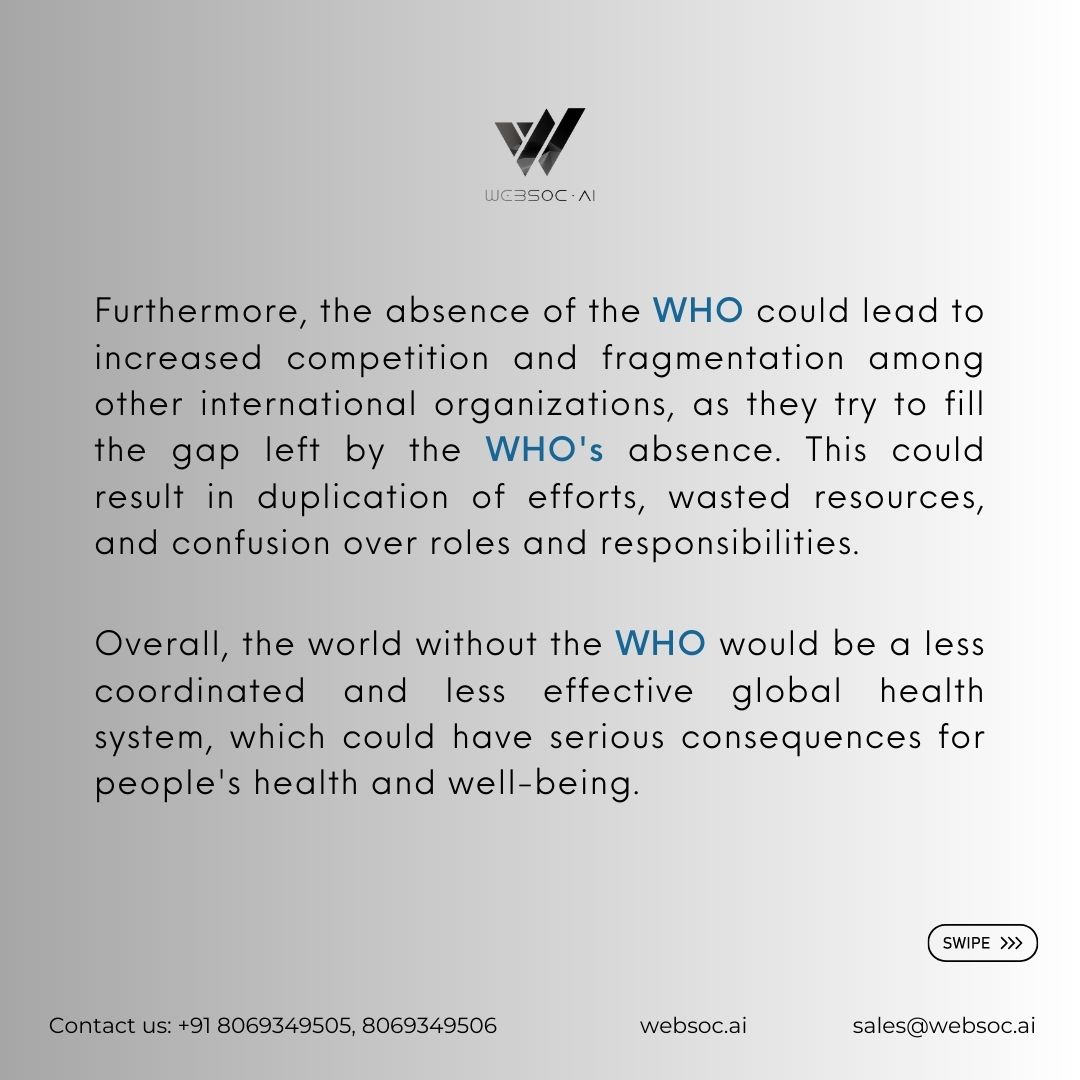 Websoc_AI's tweet photo. What if the world had no WHO?
If the world had no World Health Organization (WHO), it would be a significant loss to global health and could have a variety of negative consequences.
๐๐ข๐ฌ๐ข๐ญ ๐ฎ๐ฌ ๐๐ญ: https://t.co/BeuTR96Q63
#websocย #whatifย #worldย #health #organization https://t.co/J0vfAq1QdM