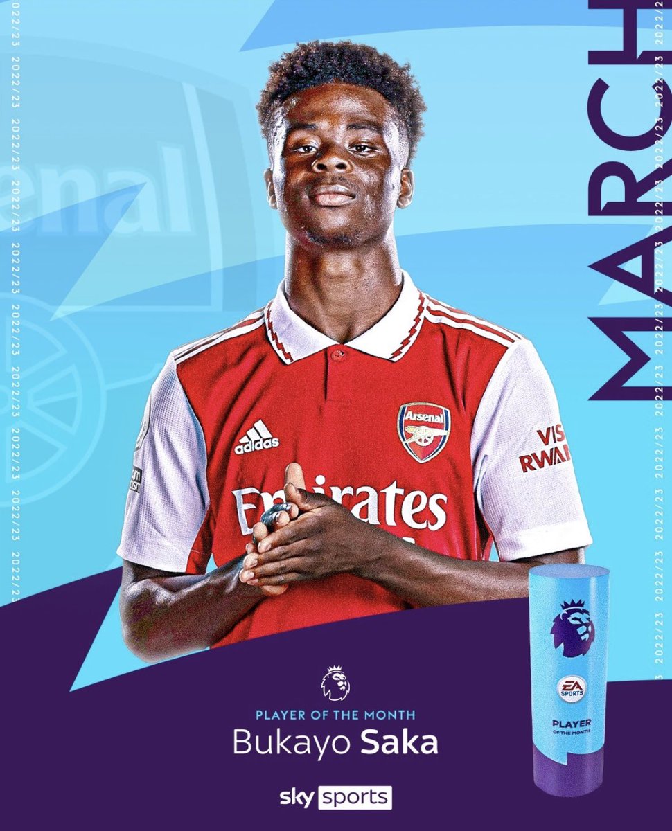 TheRealTroopzTV's tweet photo. Bukayo Saka wins Premier League Player of the Month for the first time! 🏆 

The youngest player to win it since Trent Alexander-Arnold in 2019. 🤯 

MY F*CKING STARBOY! 🐐 https://t.co/fpNdc1SmXP