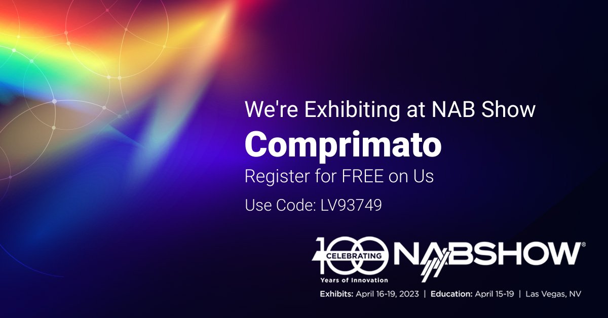 We're exhibiting at <a href="/NABShow/">NAB Show</a> (W2378).

Get your Exhibit Pass by using our FREE code when registering -  LV93749

What we're showing - comprimato.com/blog/newsroom/…

#Comprimato #NABShow #JPEGXS #JPEGXSTR07 #LiveTranscoding #LiveTranscoder #Encoding #Transcoding #Cloud #AJA #InSync