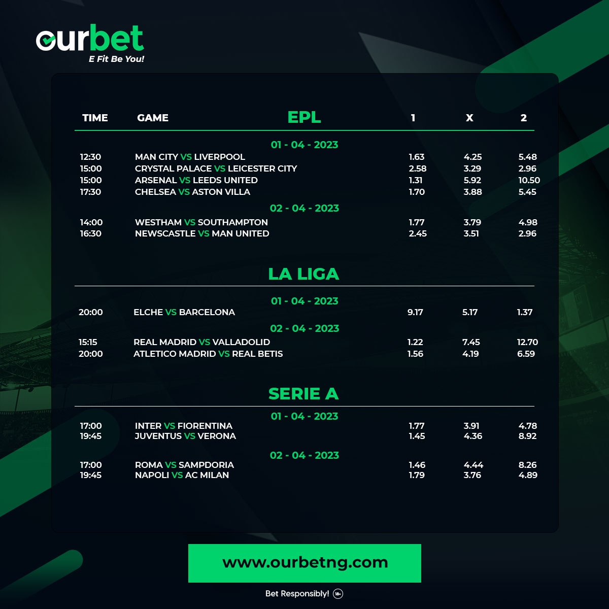Club football gets back under way after the international break. 

Head straight to ourbetng.com to place your bets. 

#timeless #italy #england #spain #football #ourbetng #davido #nigeria