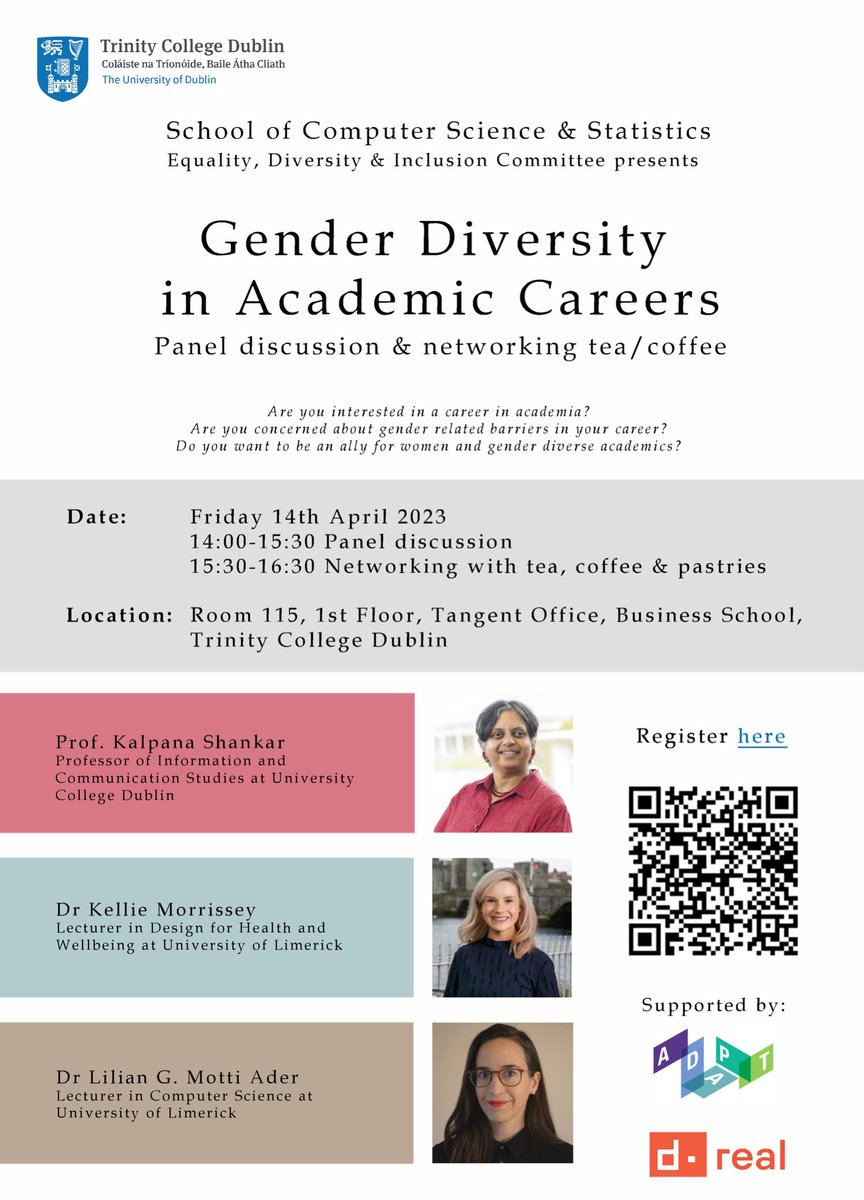 Are you interested in a career in academia? Do you want to be an ally to women & gender diverse academics? Join our panel discussion where @Dublin_kshankar, @kelliemorrissey & @lilianmotti will be discussing gender diversity in academia. Followed by networking & refreshments! 1/2