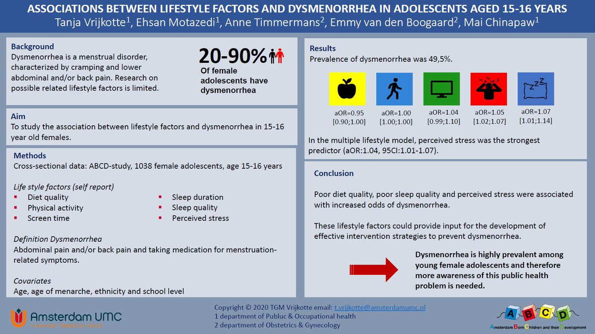 ABCD_studie's tweet photo. Dr. Tanja Vrijkotte presenteert vandaag op het @NutritionGrowth Conference in London 📍
Menstruatiepijn komt veel voor bij adolescenten. Leefstijl speelt mogelijk een rol.
#ABCDstudie #NG2023 https://t.co/bCHIabD44g
