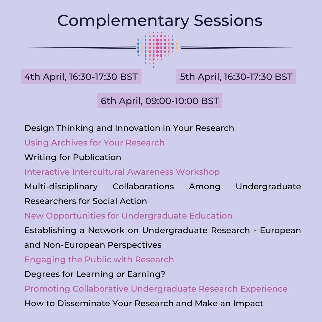 WorldCUR_BCUR's tweet photo. 💥 COMPLEMENTARY &amp; THEME SESSIONS 💥

Don't miss out on these exciting opportunities to mature your knowledge and skillset as a researcher! 😉

#WorldCURBCUR2023 #WorldCUR2023 #BCUR2023 #WorldCUR #BCUR #UndergraduateResearch #UGResearch #research https://t.co/otwf427DBy
