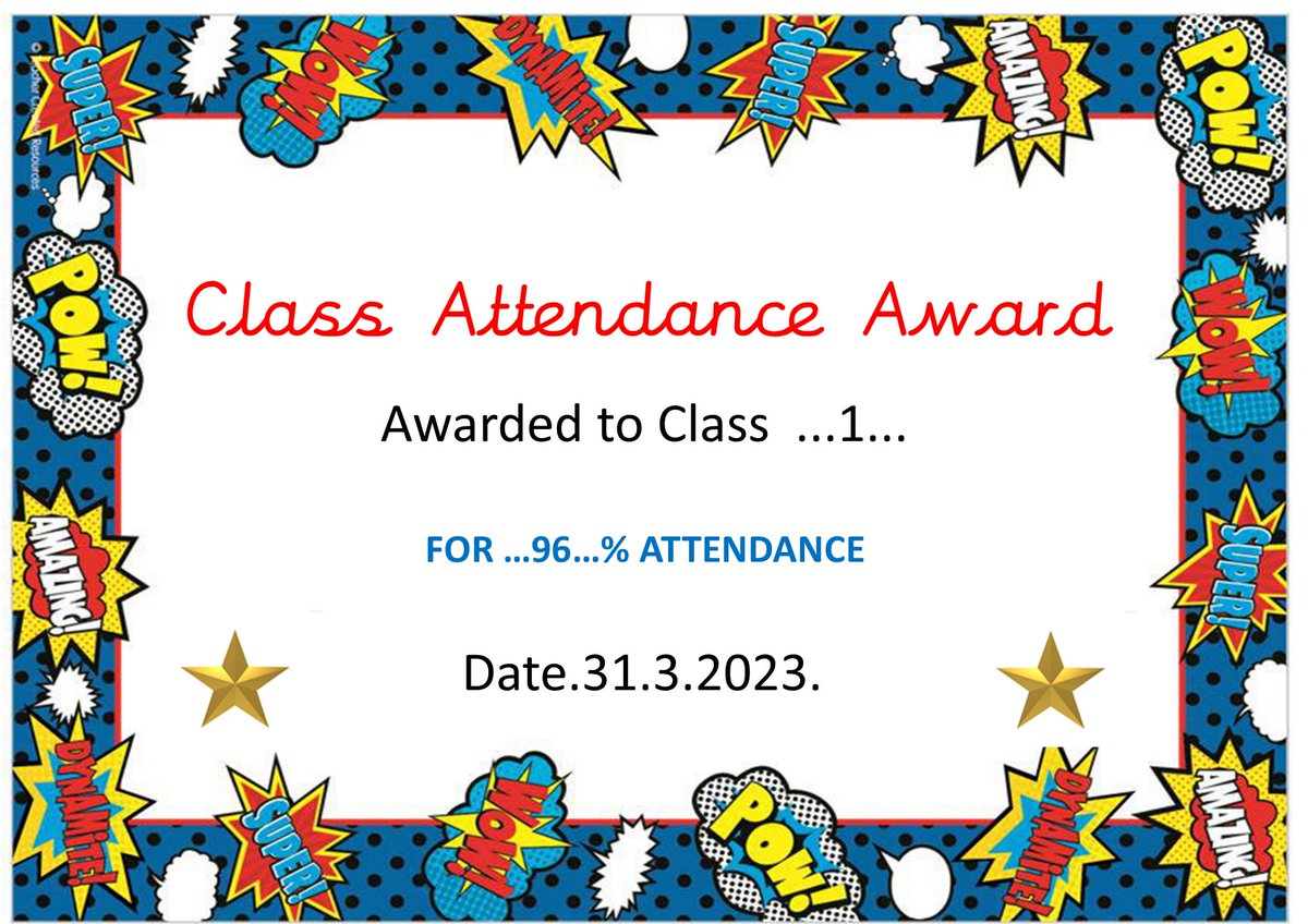Well Done! to class 1 for the highest attendance this week.