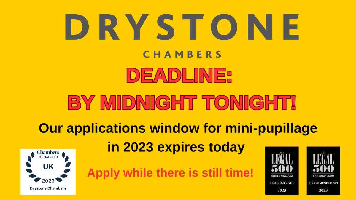 DrystoneCrime's tweet photo. Our applications deadline for #criminal #minipupillages for 2023 expires tonight.  Go to https://t.co/dMeLTh69dU to apply!  We offer mini-pupillage opportunities on the Midland, South Eastern and Western Circuits.  
#AspiringBarristers #Students #Law #CriminalLaw https://t.co/tSPvhWquoP
