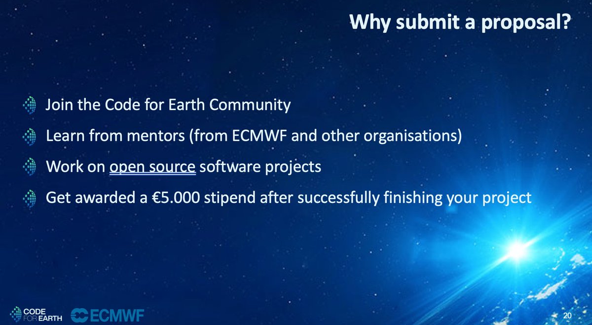#Code4Earth 2023 offers you the chance to 🌍Learn from mentors & experts in #weather #climate #atmosphere #ML 🌍Work on #opensource #softwaredevelopment 🌍Get awarded a €5,000 stipend Get involved and submit a proposal by 12 Apr❗ ➡️codeforearth.ecmwf.int @ECMWF