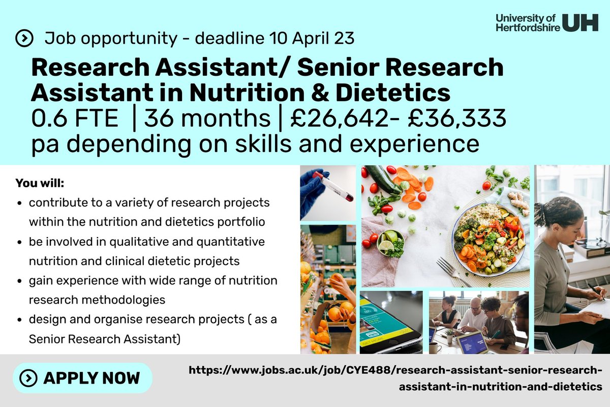 Fantastic #job opportunity <a href="/UniofHerts/">University of Hertfordshire</a> to join @UHertsNutrition as a #researchassistant / Senior Research Assistant in Nutrition and Dietetics 🤩

Apply here: jobs.ac.uk/job/CYE488/res…

Deadline: 10 April 23

Please share and re-tweet!