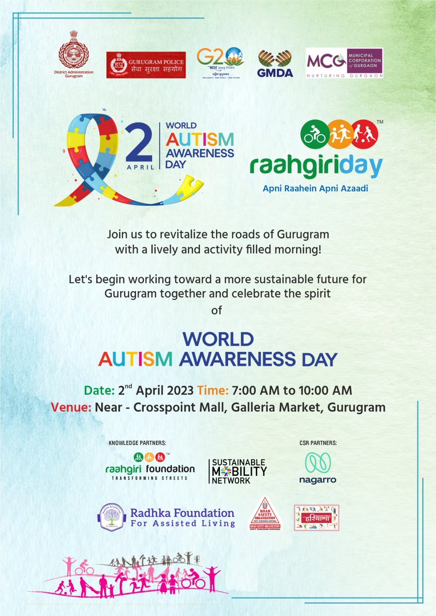 District Administration Gurugram invites all the residents of Gurugram to join us on the occasion of Raahgiri Day on 2 April 2023 near Crosspoint Mall, at Galleria Market.

Let's gather in large numbers to support and celebrate the spirit of World Autism Awareness Day.