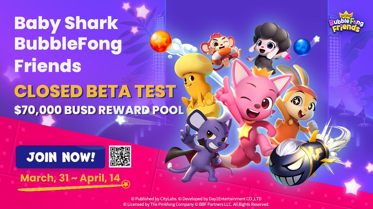 👏🏻 Baby Shark BubbleFong Friends Closed Beta Test is now available! 💁‍♀️

✅ RT 📌 &amp; Tag 3 Friends
✅ Follow @BlockTides &amp; <a href="/BubblefongGame/">Baby Shark BubbleFong Friends</a> 
✅ Join Telegram Group: t.me/BubbleFongFrie…
✅ Join Discord:
discord.com/invite/fJd6bgm…
✅ Follow the form for more forms.gle/BDoqhJQnmhwnuG…